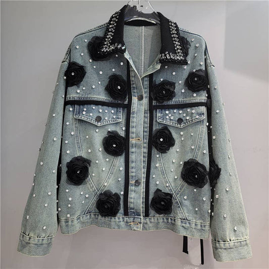 JK197 Vintage Beaded Floral Denim Jacket with Contrast Colla
