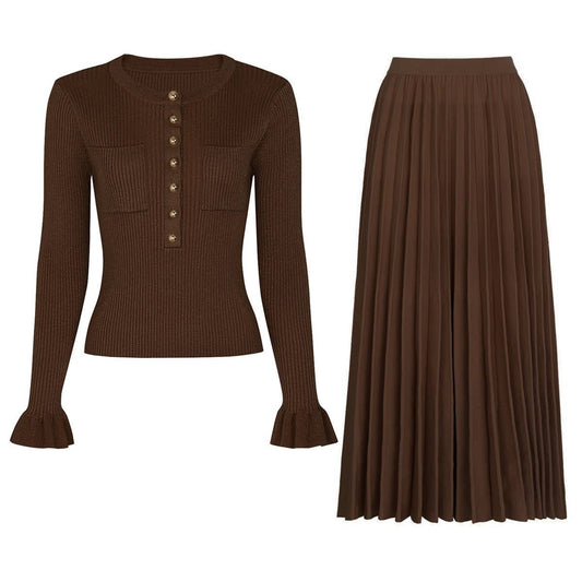 76Y Spring Autumn Slim Fit Top with Pleated Knit Skirt Set