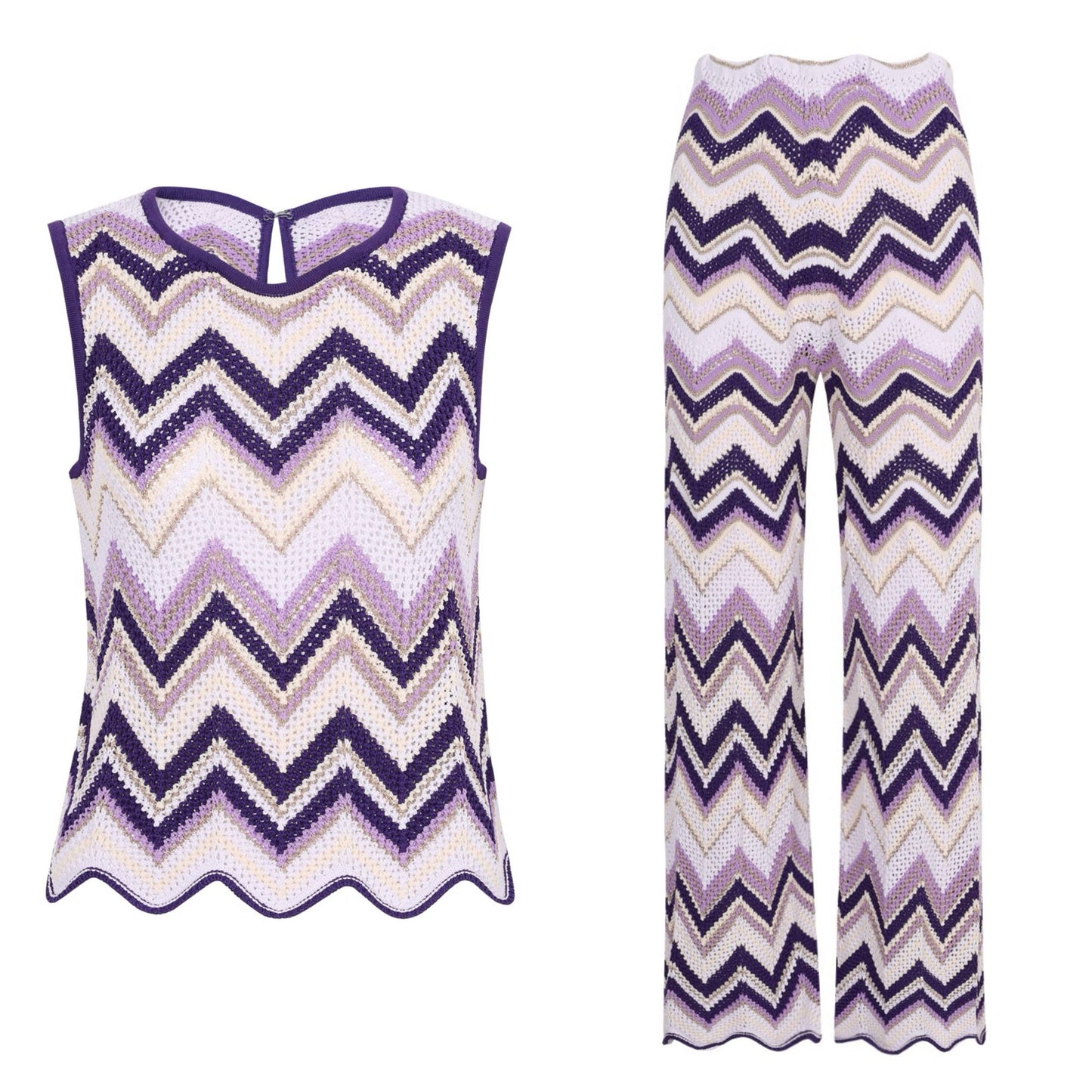 SET62 Contrast Wave Knit Sleeveless Vest & Trousers Set