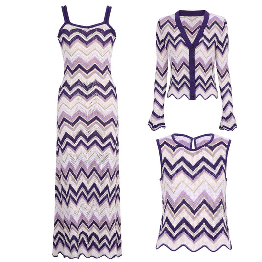 SET62 Zigzag Knit Trio: Slim Jacket, Dress & Sleeveless Top