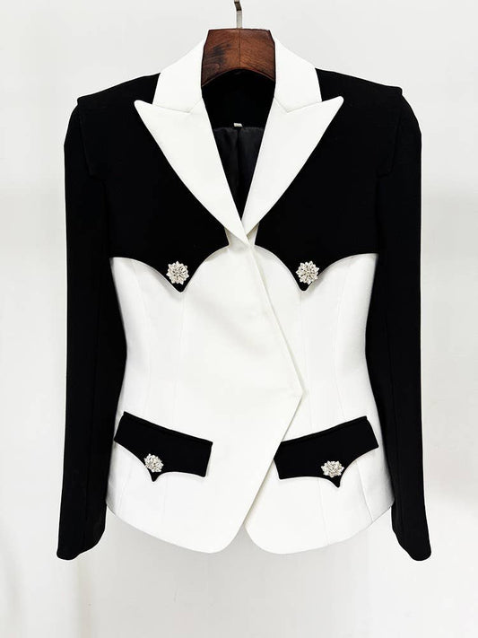 BL5-4 Chic Contrast Diamond-Button Blazer - B&W Style