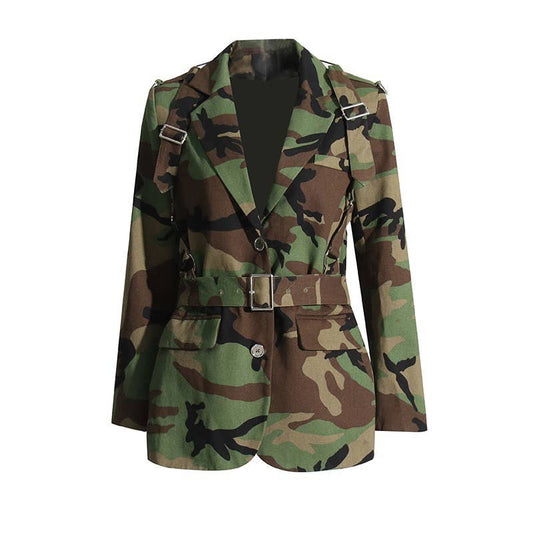 BL24Y Camouflage Belted Blazer with Military Accents