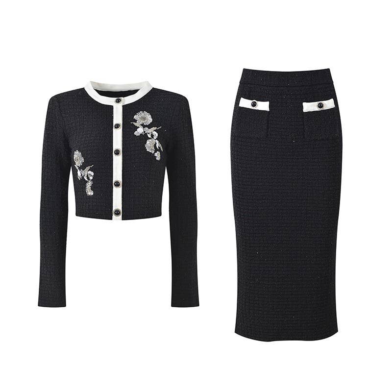 SET236 Autumn 2025 Crochet Knit Slim Fit Top and Skirt Set