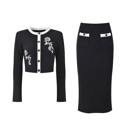 SET236 Autumn 2025 Crochet Knit Slim Fit Top and Skirt Set