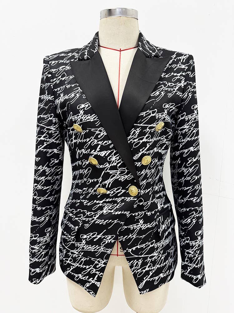 JK135Y English Letter Print Double-Breasted Slim-Fit Blazer