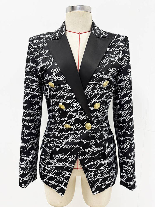 JK135Y English Letter Print Double-Breasted Slim-Fit Blazer