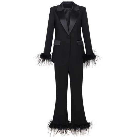 SET069 Elegant Ostrich Feather Blazer & Pants Set