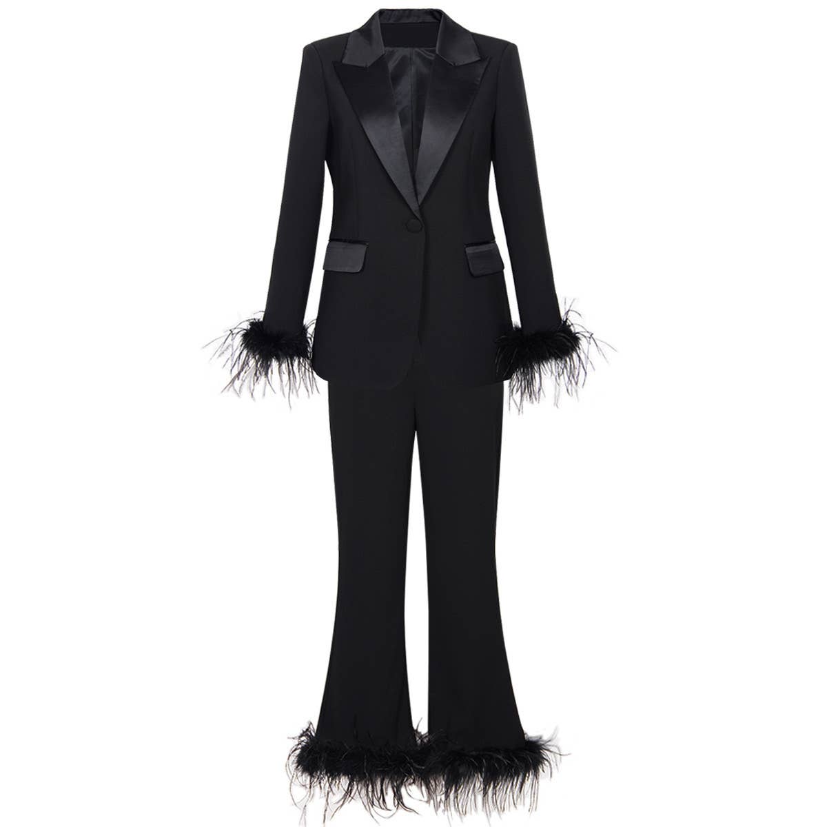 SET069 Ostrich Feather Blazer & Women's Pants Suit