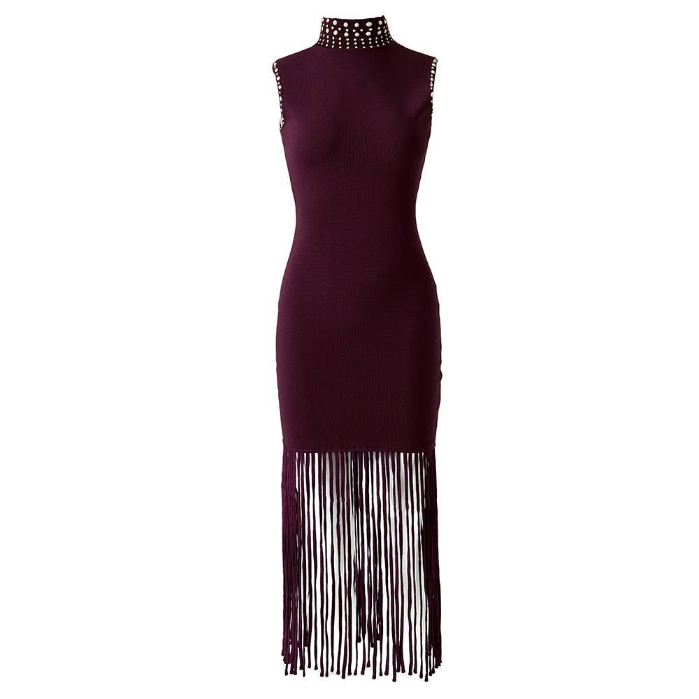DR950Y Handcrafted Rhinestone Sleeveless Knit Fringe Dress