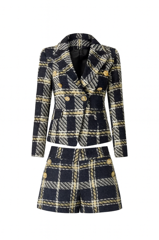 5L 2025 Autumn Plaid Tweed Blazer and Shorts Set for Women
