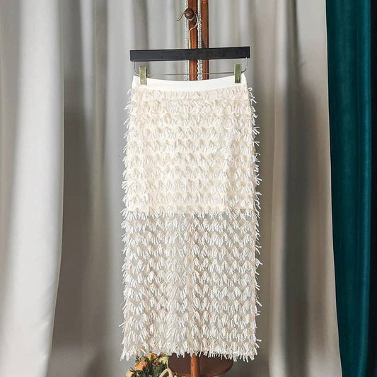 SK84Y Sparkling Black Sequin Fringe Split Sheer Midi Skirt