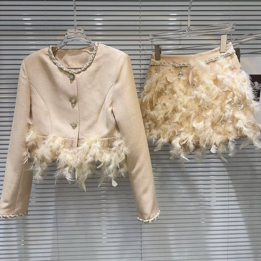 SET173Y Feather Hem Tweed Chain Trim Jacket & Skirt Set