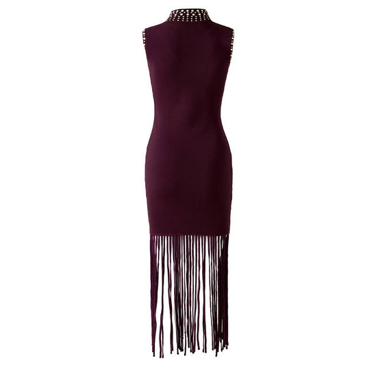 DR950Y Rhinestone Knit Sleeveless Fringe Hem Maxi Dress