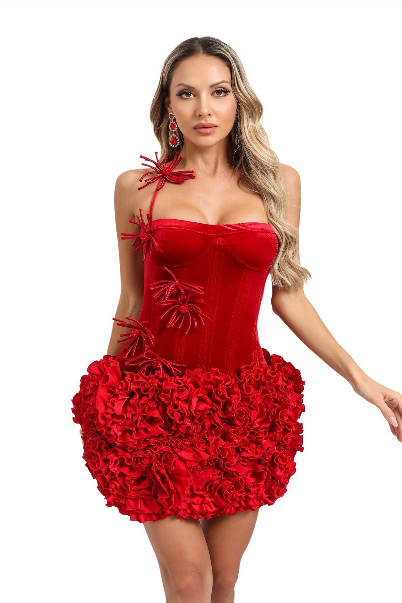 SET56 Elegant Velvet Halter Neck Top & 3D Floral Skirt Set