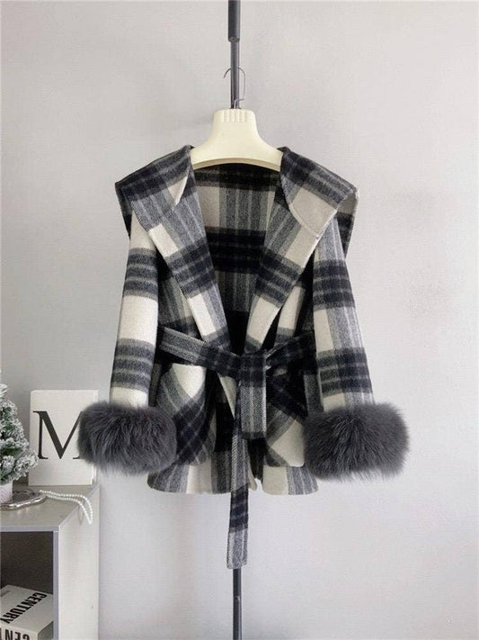 CT104Y Plaid Cashmere Coat with Faux Fur and Removable Hood