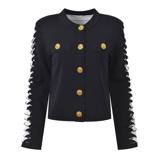 JK297Y Color Block Hollow Knit Short Crew Neck Cardigan