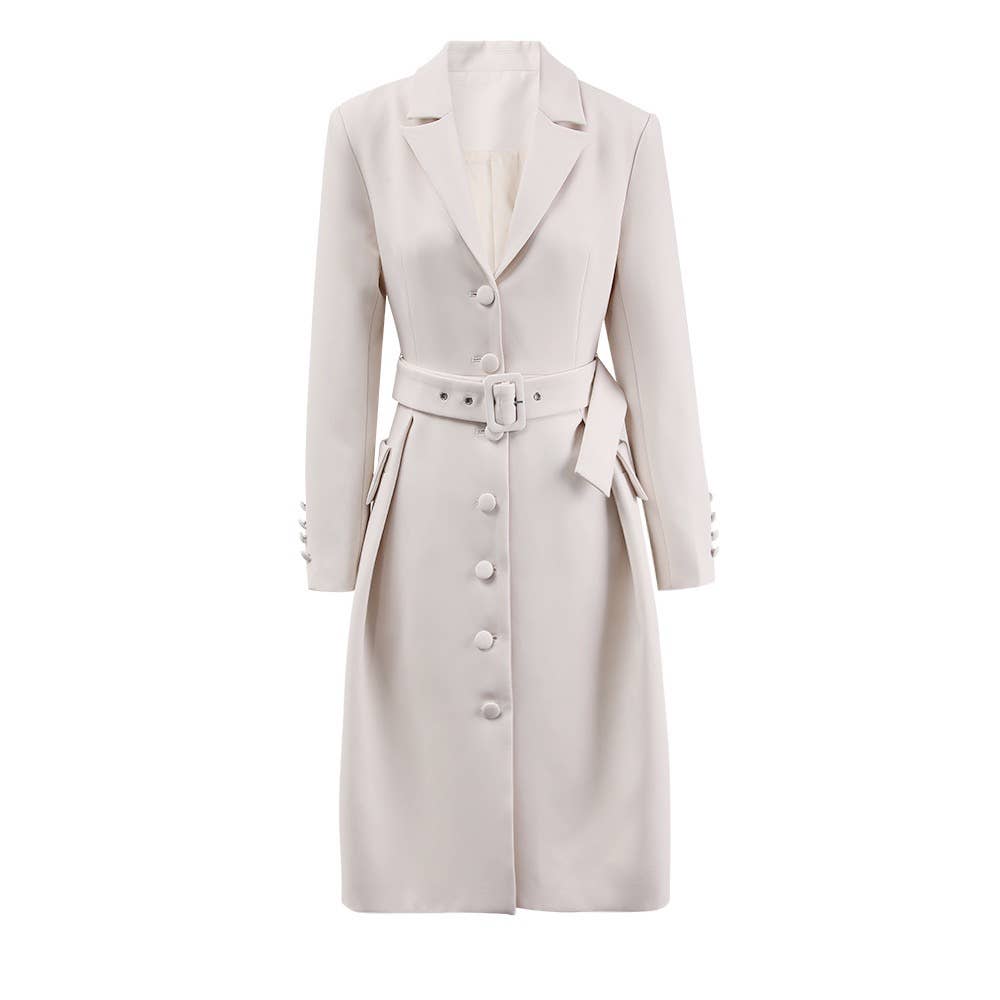 CT115 Vintage Long Trench Coat with Belted Blazer Collar