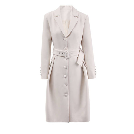 CT115 Vintage Long Trench Coat with Belted Blazer Collar