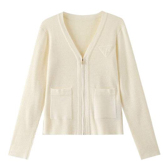 12Y Autumn Ribbed V-Neck Zipper Cardigan with Triangle Label