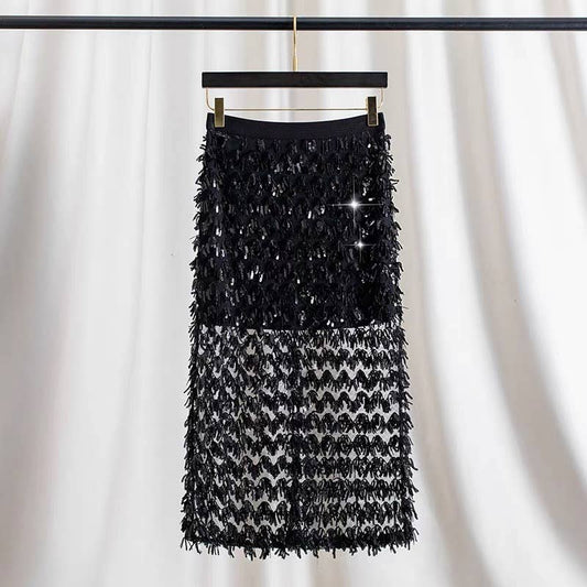 SK84Y Sparkling Black Sequin Fringe Split Sheer Midi Skirt