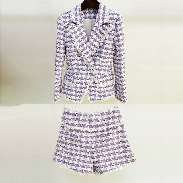 SET063 Elegant Pink Houndstooth Suit Set