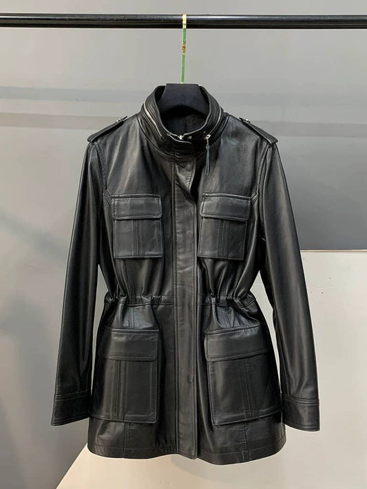 BL49L Women's Genuine Sheepskin Stand Collar Moto Jacket