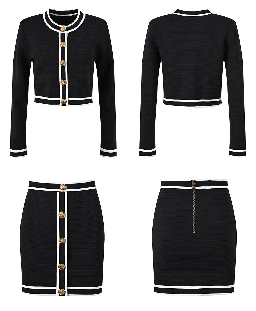 SET157 Stylish Knit Cardigan & Skirt Set - Single-Breasted