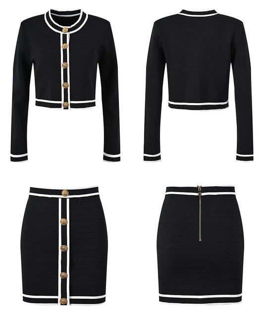 SET157 Stylish Knit Cardigan & Skirt Set - Single-Breasted