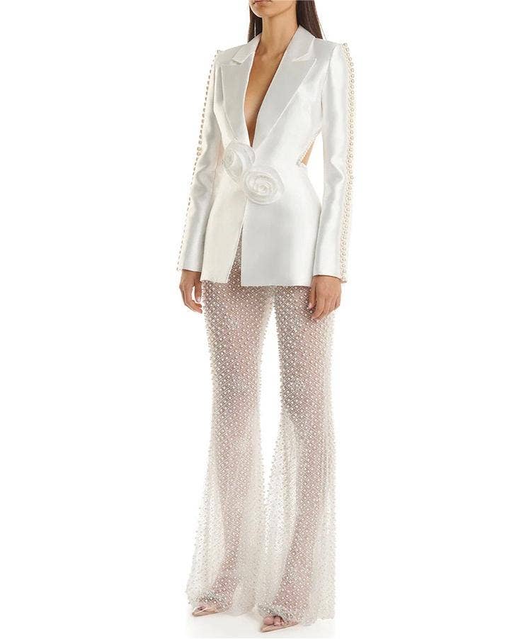 SET057 Floral Pearl Blazer & Glitter Mesh Pants Ensemble