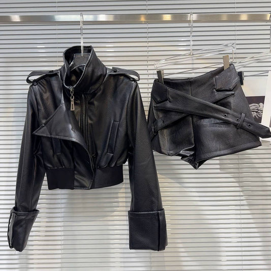 SET213Y Autumn PU Leather Jacket and Cross Leather Pants Set