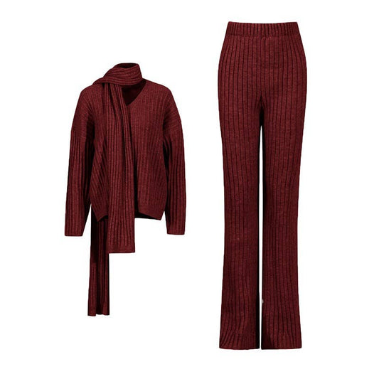 SET271 V-Neck Knit Sweater and High-Waist Straight Pants Set