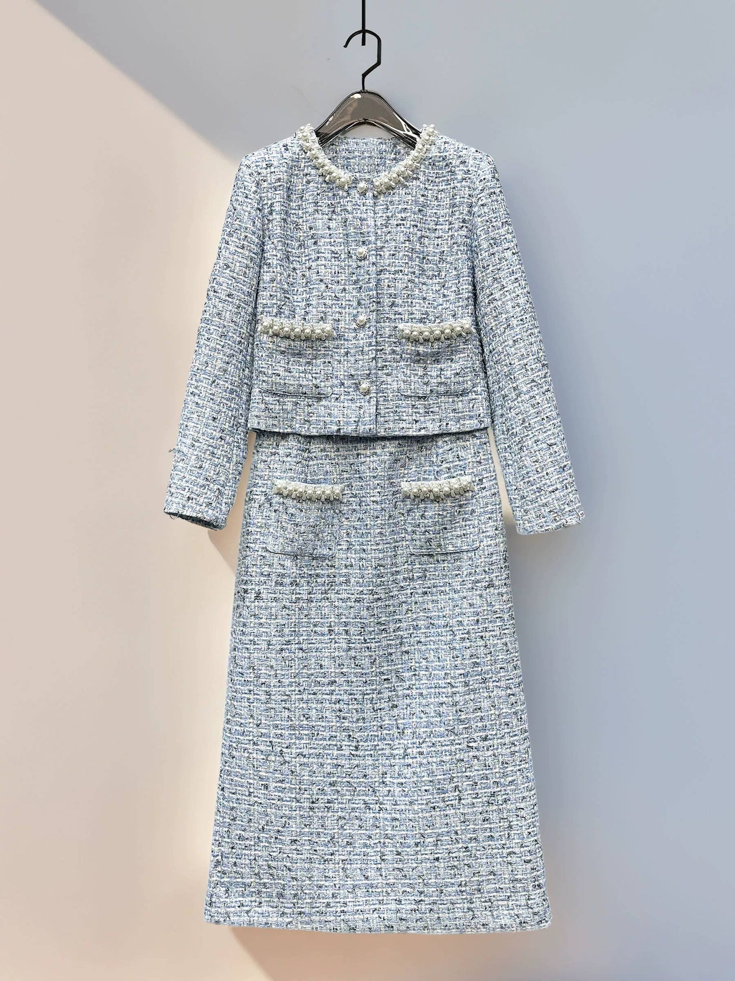 SET265Y Beaded Tweed Short Jacket and Skirt Two-Piece Set