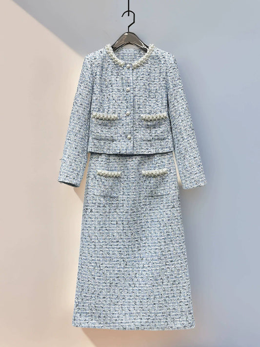 SET265Y Beaded Tweed Short Jacket and Skirt Two-Piece Set