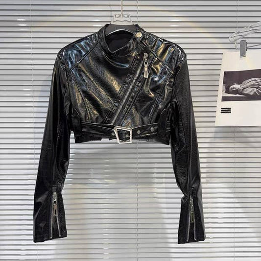 SET214Y Faux Crocodile PU Zipper Jacket With Ring Skirt Set