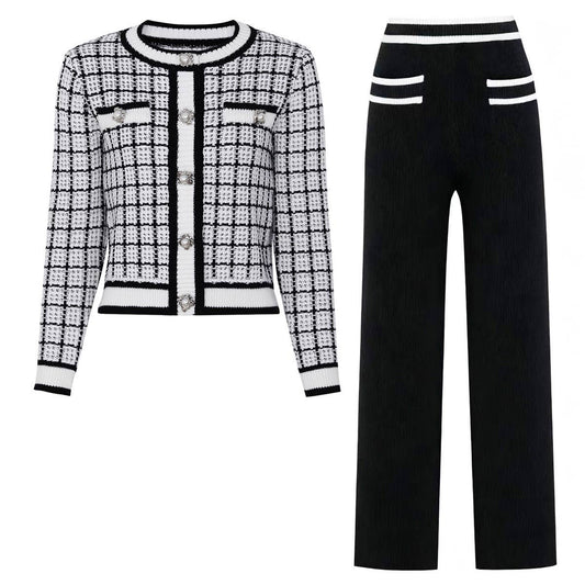 BY Elegant Plaid Knit Cardigan Jacket and Matching Pants Set