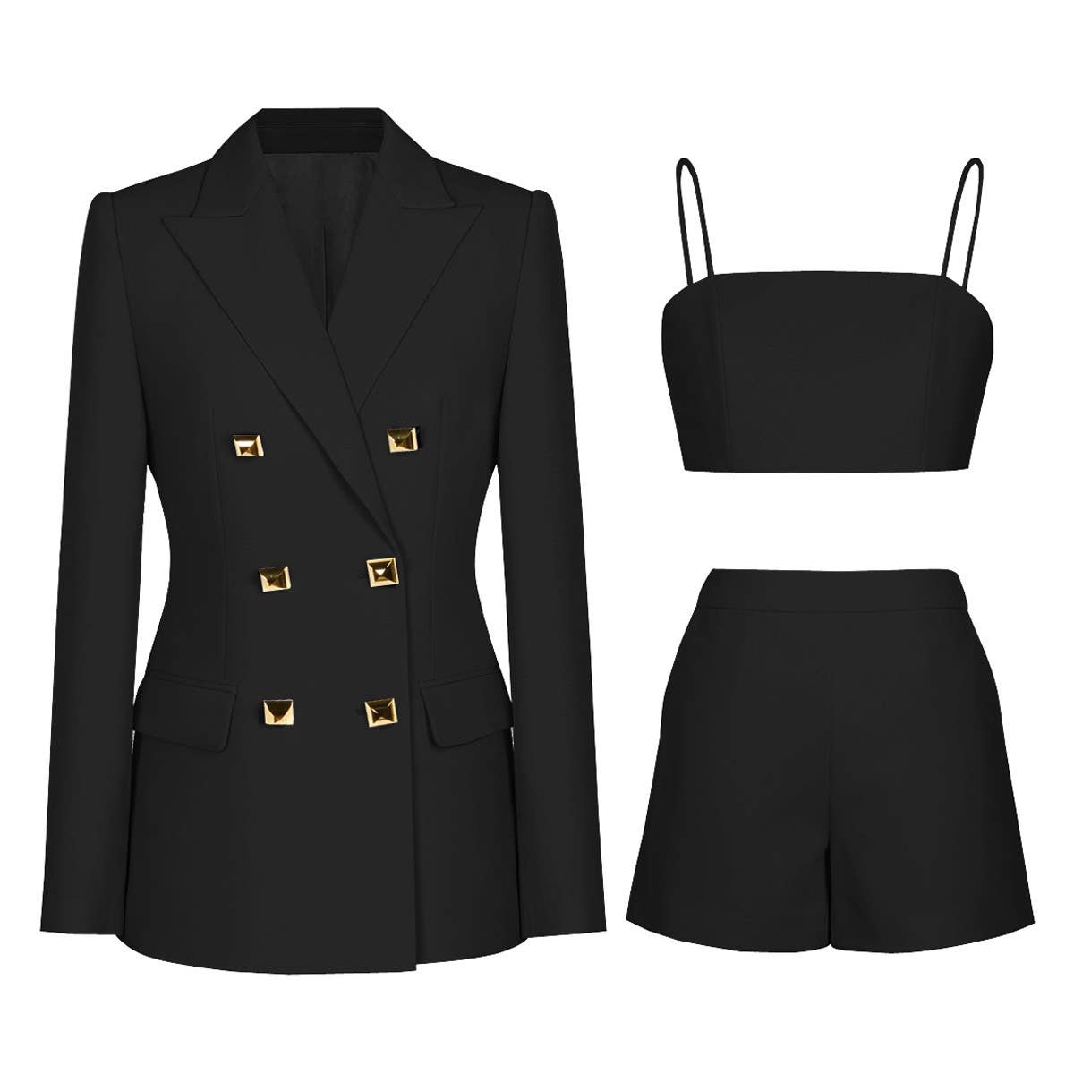 SET061 Three-Piece Suit with Blazer, Crop Top, and Shorts