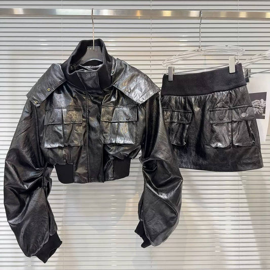 SET243Y Autumn Winter PU Leather Hooded Jacket and Skirt Set