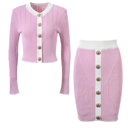 SET155 Rivet Buttoned Pink & White Lady Suit