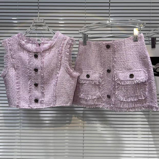 SET196Y Frayed Tweed Vest & Button Skirt Set