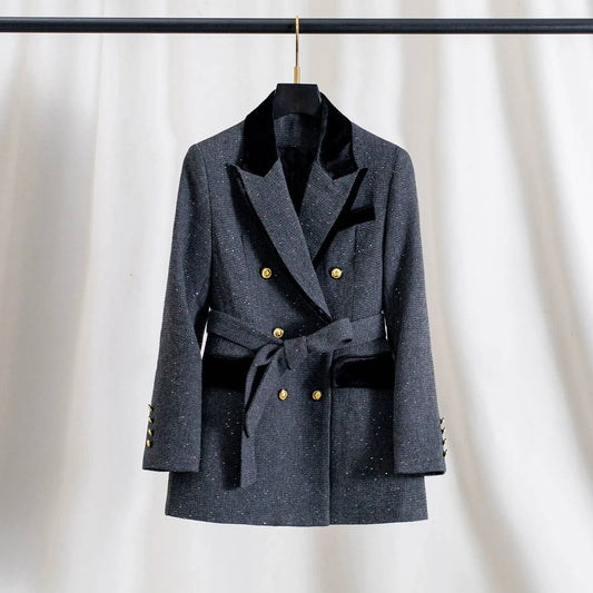 BL50Y Velvet Lapel Wool Blend Belted Blazer for Women