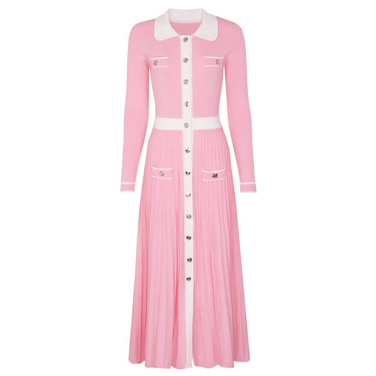 DR886Y Pleated Knit Dress with Collar and Long Sleeves