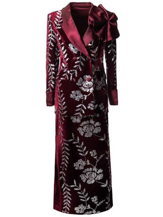 QY Women¡¯s Sequin 3D Floral Blazer & Split Pencil Skirt Set