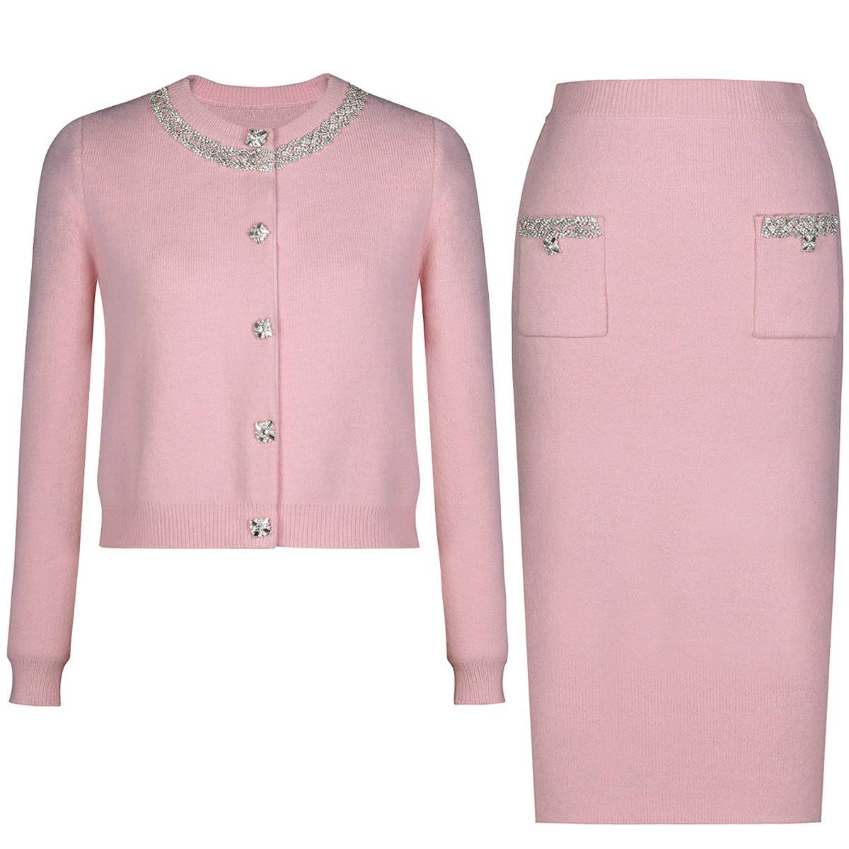 SET224 Handcrafted Tweed Knit Cardigan & Skirt Set ¨C Pink