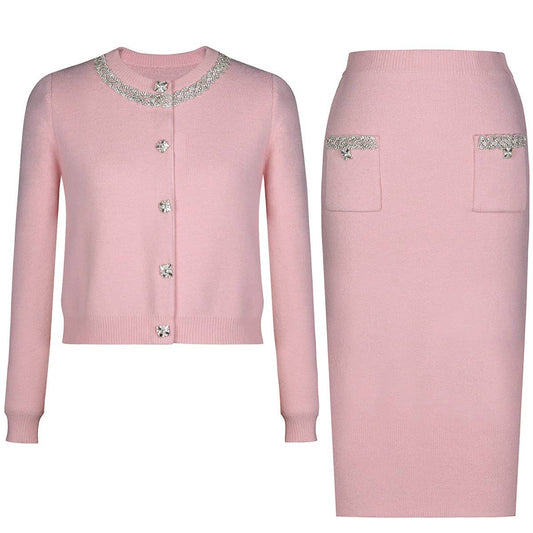 SET224 Handcrafted Tweed Knit Cardigan & Skirt Set ¨C Pink