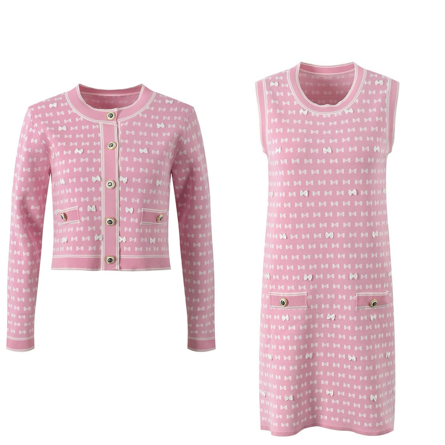 SET225 Bow Print Knit Jacket & Sleeveless Dress Set ¨C Fall