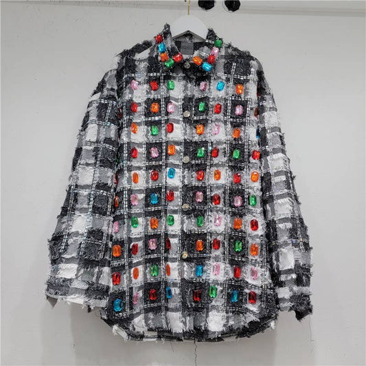 JK081 Chic Rhinestone Checkered Shirt