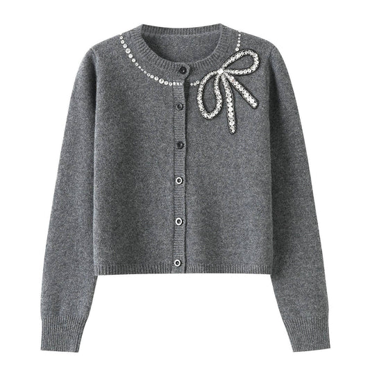 JK238 Gray Wool Knit Cardigan with Rhinestone Bow Detail