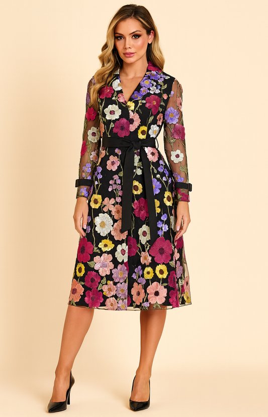 PS2 Colorful Embroidered Floral Belted Slim Coat