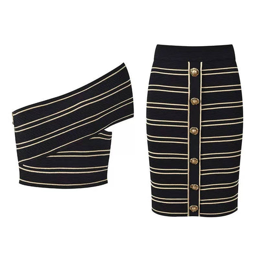 SET178Y Striped Off-Shoulder Vest & Buttoned Skirt Set