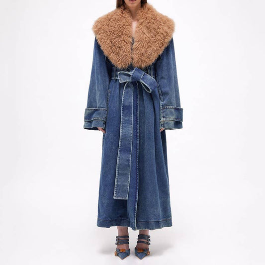 CT003 Denim Long Jacket Winter Detachable Collar Coat
